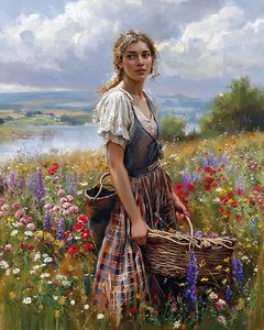 A Beautiful Peasant Woman Harvesting Fruits in Spring