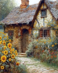 Garden of a Medieval House with Sunflowers