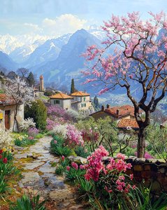 A Beautiful Village Surrounded by Flowering Plants in a Mountainous Landscape by F. Abderrahim