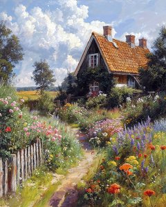 Pretty house, flower garden, botanical landscape by F. Abderrahim