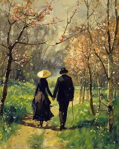 A man and a beautiful woman in love walking in the middle of a forest by F. Abderrahim