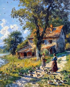 Country girl takes care of a flock of ducks by F. Abderrahim