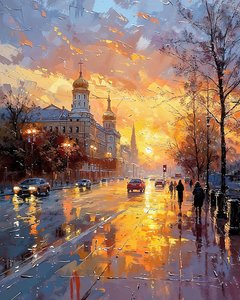 People walking on the street at sunrise under falling rain by F. Abderrahim