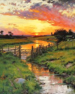 Sunset over a winding stream in the countryside by F. Abderrahim