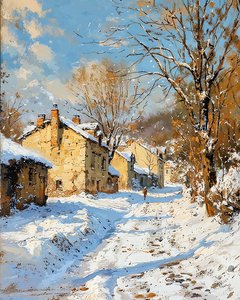 Old Village in Winter and Snow