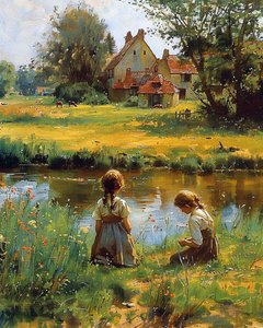 Children playing outside house in the countryside by F. Abderrahim