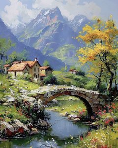 A village at the foot of the mountain; And a cubic arch with a stream below by F. Abderrahim