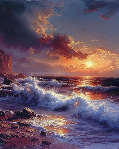 Delicate drawing of waves at sunset on a seaside