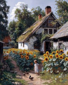 A Child Plays in Front of an Old Farm Surrounded by Sunflowers by F. Abderrahim
