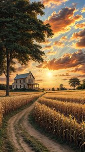 A Country House on a Dirt Road, Surrounded by a Cornfield by F. Abderrahim
