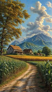 A Dirt Road Winds Through a Cornfield & Mountains by F. Abderrahim