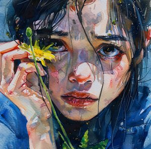 A Girl Caresses a Yellow Flower by F. Abderrahim
