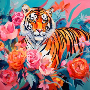 Abstract painting Peony Rose & tiger, vivid color by F. Abderrahim
