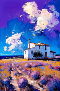 Country house landscape, lavender field, blue sky and white clouds