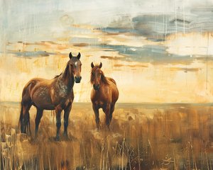 Majestic Horses in a Field at Sunset by F. Abderrahim