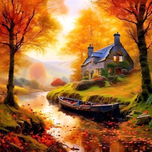 Cabin in the woods with a stream, autumn landscape by F. Abderrahim