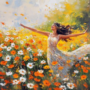 Woman smiling and dancing in a flower meadow by F. Abderrahim
