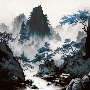 Cyanotype Mountain River Mist in Shan Shui Style