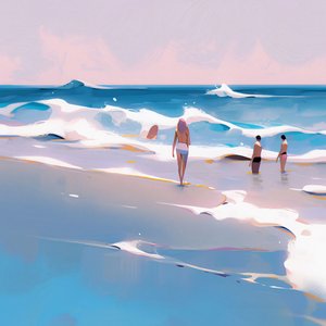 People on the Beach Minimalist Watercolor with Waves