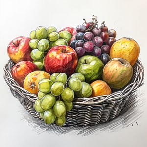 A basket of fruit, simple still life drawing