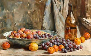A still life, fruits & bottle of wine