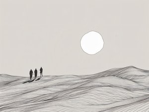 Minimalist Sketch, Men Walking in a Desert Sun Procession