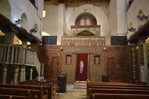 Interior of Abo Serga Church in Old Cairo, historic Coptic Orthodox church with icons and wooden iconostasis