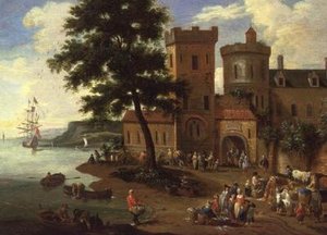 Fisherfolk Unloading Their Catch, and Gentlemen Departing from a Manor House by A.F. and Bouts P. Boudewyns