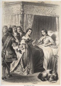Madame Deshoulieres, Antoinette Ligier de La Garde (1637-1694) Overwhelmed with Questions by Her Entourage After a Night Spent with the Fear of the Ghost. Engraving by A. Duruy in 