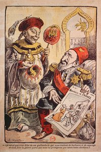 Cartoon indicting the hypocrisy and double standards of Western Europe in their criticism and behaviour towards China and the Ottoman Empire by A Lemot