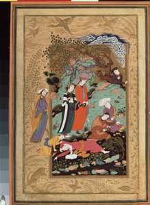 Persian Art: Festive Scene of the Nobility, One of the Guests is Lying Drunk and Unconscious by Abassi Riza