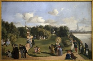 View of the Rochelle (Garden of the Bath Marie Therese). Characters of the Bourgeoisie in a Park: Couple Chatting on a Bench, Men Greeting Ladies, Child Playing with a Hoop... Painting by Alexandre Abel de Pujol (1785-1861), Oil on Canvas by Abel de Pujol