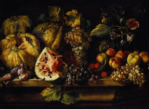 Still Life of Watermelon, Grapes, Plums, Peaches, Cherries and other Fruit on a Ledge by Abraham Brueghel
