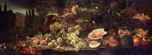 Still life of fruit with a green parrot and a silver vase by Abraham Brueghel