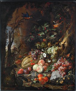 Flowers, Fruits, Birds and Insects in a Landscape with Ruins by Abraham Mignon