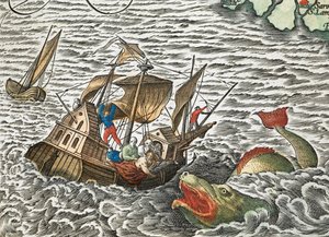 A Ship Being Attacked by a Sea Monster from Typus Orbis Terrarum, by Abraham Ortelius
