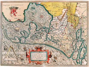 Hollandiae Antiquorum Catthorum Sedis Nova Descriptio, Auctore Lacobo a Daventria. Geography Map of the Territory of the Netherlands with the Cities of Amsterdam and Haarlem... Taken from 