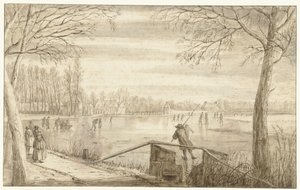 Skaters on the River Vecht, near Maarssen, with the Estates of Daelwijck and Vechthoven in the Distance by Abraham Rutgers