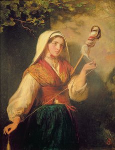 Young Woman Spinning Wool