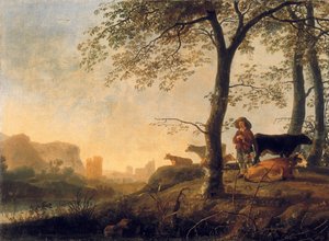Evening River Landscape with a Cowherd and Cows by the Edge of a Copse, a Bridge and Ruins Beyond