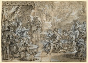 A Queen with Ermine Mantle and Scepter (Semiramis?) on a Throne, a Group of Men and Women Kneeling Before Her by Abraham van Diepenbeeck