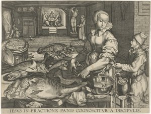 Kitchen Scene with Woman Cleaning Fish (Iesus in fractione panis cognoscitur a discipulis) by Abraham van Lier