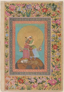 Allegorical representation of Emperor Jahangir and Shah Abbas of Persia, illustration from the St. Petersburg Album