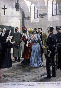 In Madrid, a young woman, Mademoiselle Ubao, is taken from the life of a nun in a convent where she was placed by the suggestion of the Jesuits. Illustration by Beltrame. La Domenica del corriere. 1901 by Achille Beltrame