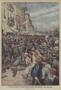 In Salonika, the parade of Italian contingents admired by the population and allied troops by Achille Beltrame