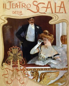 A couple places in a dressing room at the Teatro alla Scala. The young woman observes the scene with a pair of binoculars. Illustration by Achille Beltrame by Achille Beltrame