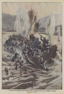 East of Rovereto, our battery sinks a large barge with a hundred Austrians by Achille Beltrame