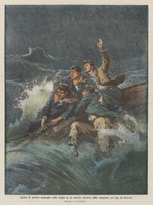 Agony of four castaways on the keel of a boat battered by the storm, on Lake Geneva by Achille Beltrame