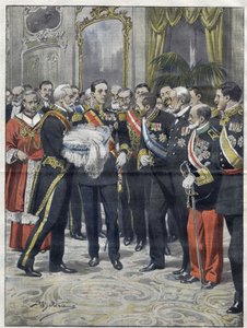 Alfonso XIII (1886-1941), King of Spain at the ceremony of the presentation of his son Alfonso (1907-1938), Count of Covadonga, Prince of Asturias. Drawing by Achille Beltrame. from 1907 by Achille Beltrame