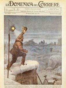 American explorer, Richard E Byrd, being joined by companions in Antarctic after being alone for five months, by Achille Beltrame, illustration, from La Domenica del Corriere, 26th August 1934 by Achille Beltrame